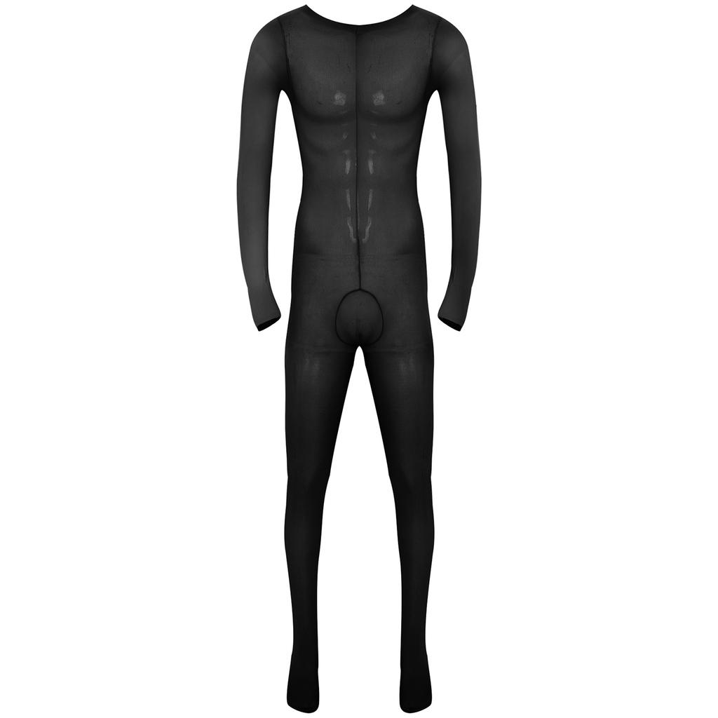 Мужское однотонное боди с длинным рукавом, эластичное боди с карманом-буфом, ночное белье