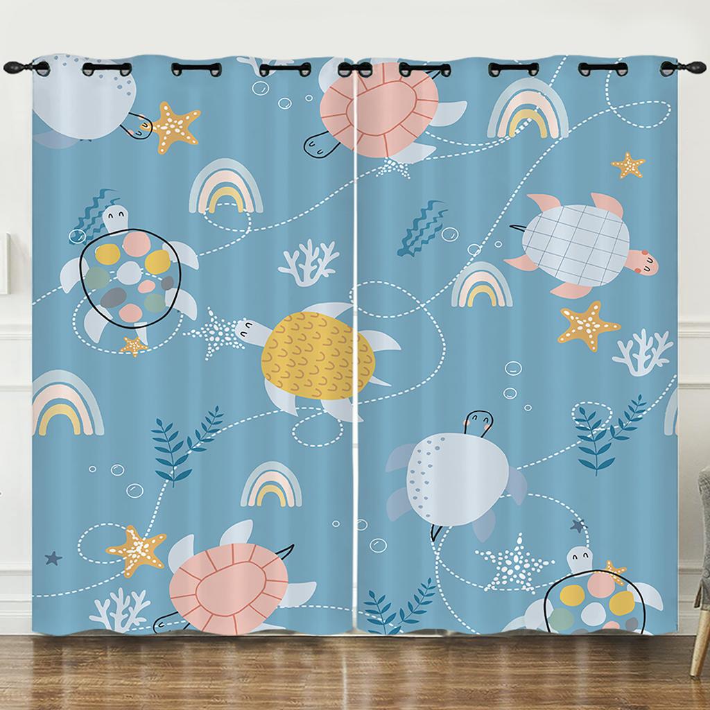 Curtain Ocean Turtle Starfish 3D Digital Printing Blackout Curtain Punching