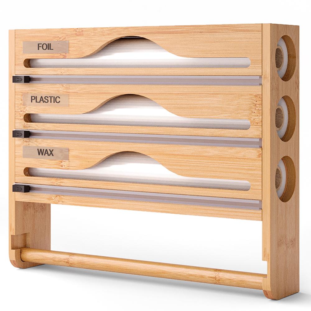 Бамбуковая коробка-диспенсер для пищевой пленки и фольги с отсеком и резаком, кухонный органайзер, аксессуары, интегрированный держатель для бумажных полотенец