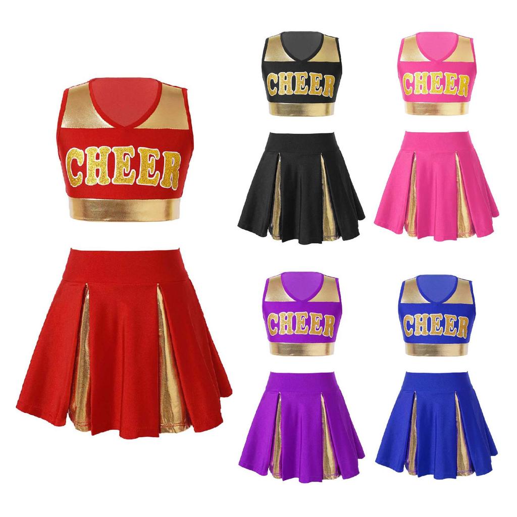 Kids Girls Cheerleading Costume Cheerleader Uniform Sleeveless V Neckline Letter Print Crop Top with Elastic Waistband Skirt