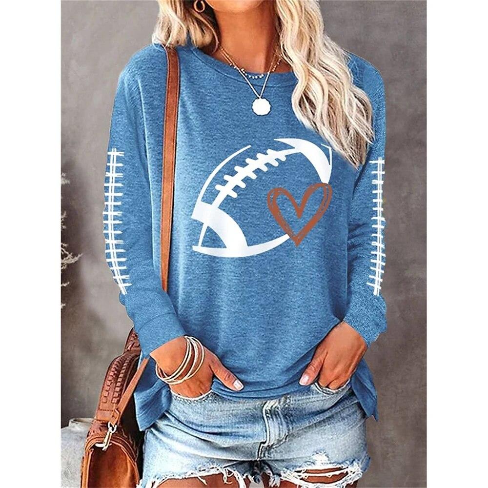 American Football Print Long Sleeve Tops Women Fashion Casual Tees Loose O-Neck T-Shirt Game Day Ladies Clothing