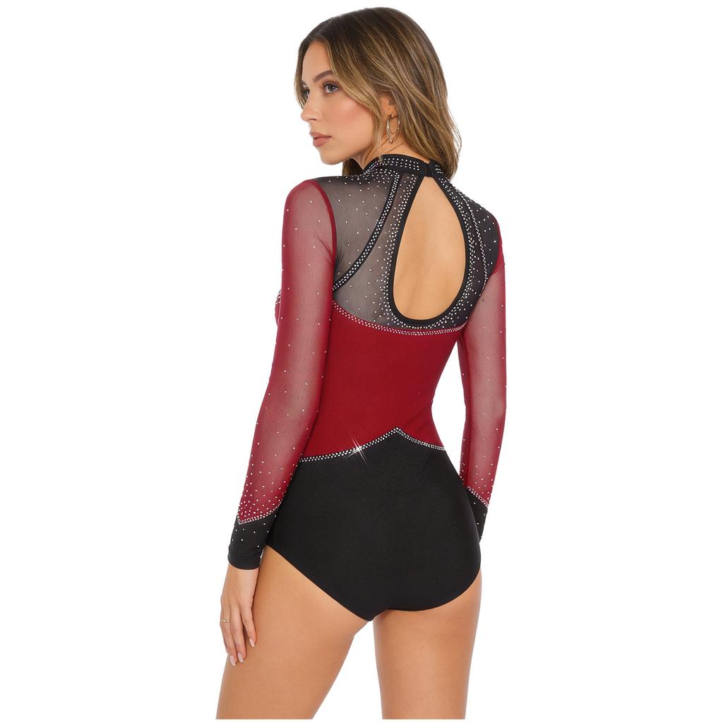 Женский спортивный боди S-XXL: Сетчатый длинный рукав со стразами, вырезом на спине и застежкой внизу для гимнастики, фигурного катания