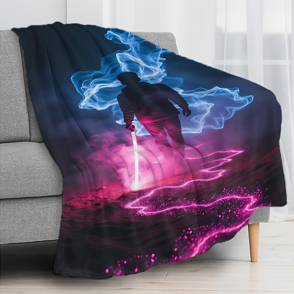 1pc Neon Glow-in-the-Dark Flannel Throw Blanket - UV-Activated Pink & Blue Glow, Soft Cozy Bedspread for s &, Gaming, Parties