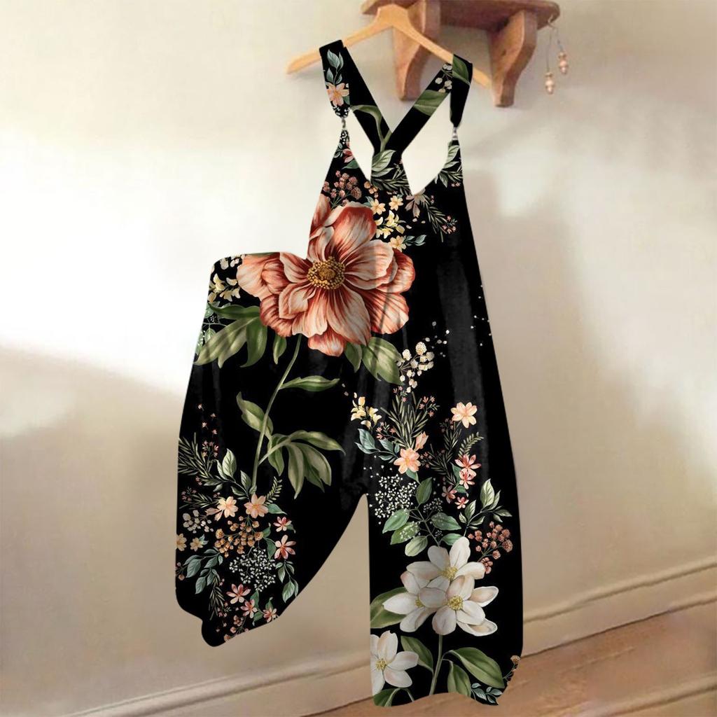 Широкие комбинезоны для женщин, повседневные свободные комбинезоны без рукавов, ретро-принт, металлические пуговицы, длинные брюки, комбинезон с карманами