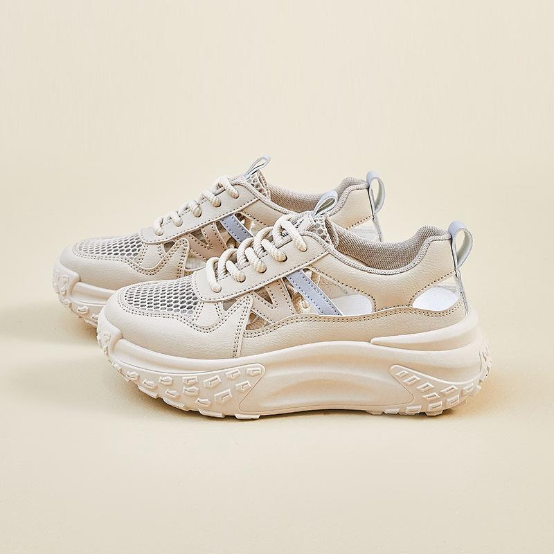 Women Platform Sneakers 2025 Summer New Hollow Breathable Height Increase Casual Shoes Comfortable Fashion Cross Tied Mesh Shoes