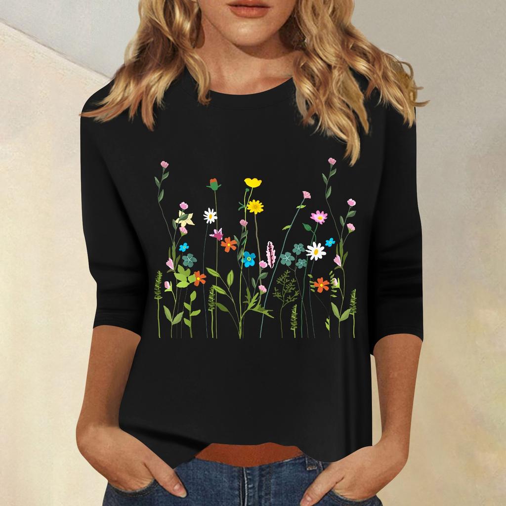 Women's Fashion Casual Printed Seven Sleeve Round Neck Top