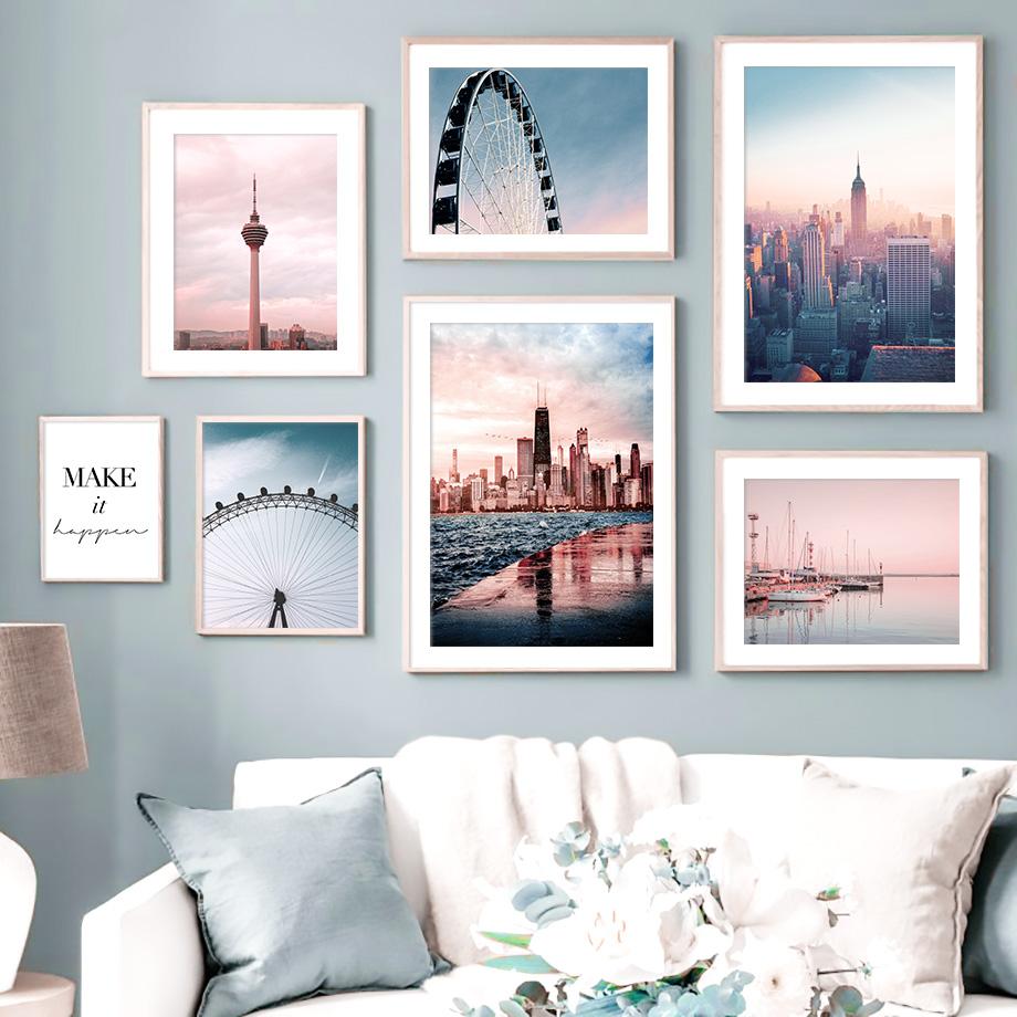 Romantic Sunset Landscape Painting Ferris Wheel Posters for Home Design Modern Decoration for Living Room Frameless Art Prints No Frame