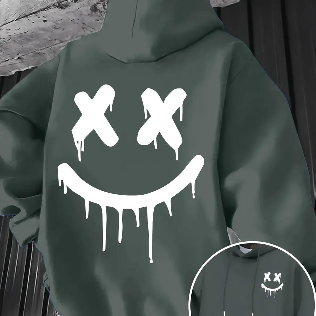 Smiley face print men's and women's autumn winter trendy printed hooded fleece sweatshirt front and back printed casual hoodie