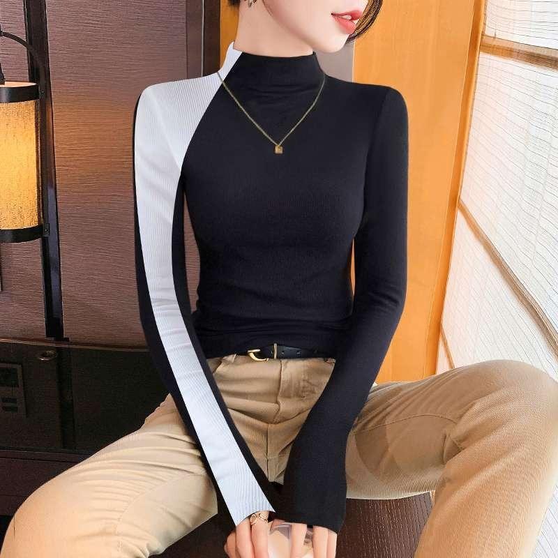 Женская новая базовая водолазка с длинным рукавом, облегающий лоскутный топ для осени и зимы