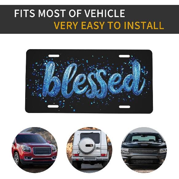Blessed Blue Glitter Black Background License Plate Decorative Car Front,Metal Car Plate,Vanity Tag,Aluminum Noverlty License Plate Waterproof