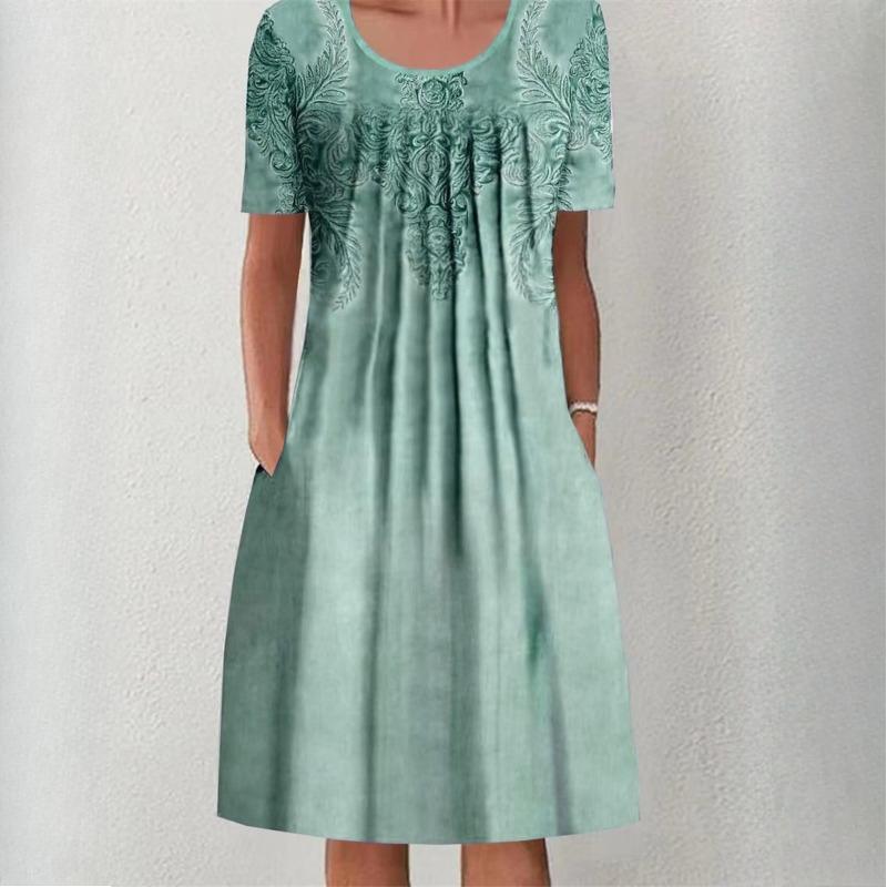 QICED Женская мода лето весна однотонный принт с коротким рукавом и круглым вырезом с высокой талией повседневные платья