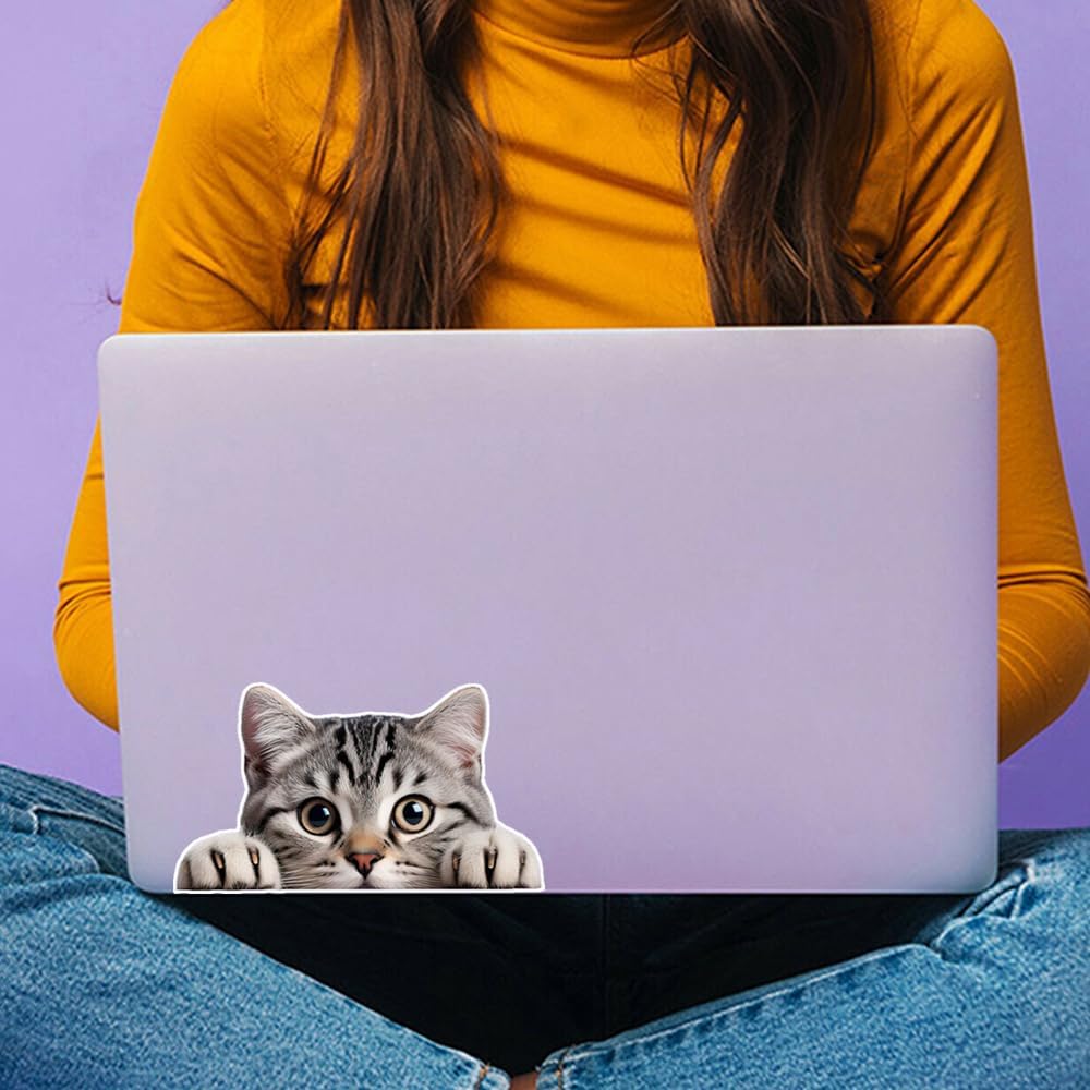 2-Pack Peeking Cats Sticker, Cute Gray Tabby Kitten Vinyl Decal, Self-Adhesive Decal for Cars, Motorcycles, Laptops, Bumpers, Windows, Walls & Glass,