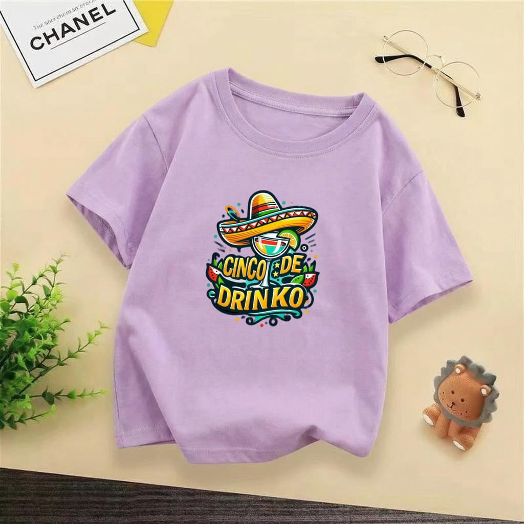 Versatile Basic Childrens Summer Short Sleeved Retro Mexican Holiday Style Printed Daily Party Outfit Tshirt