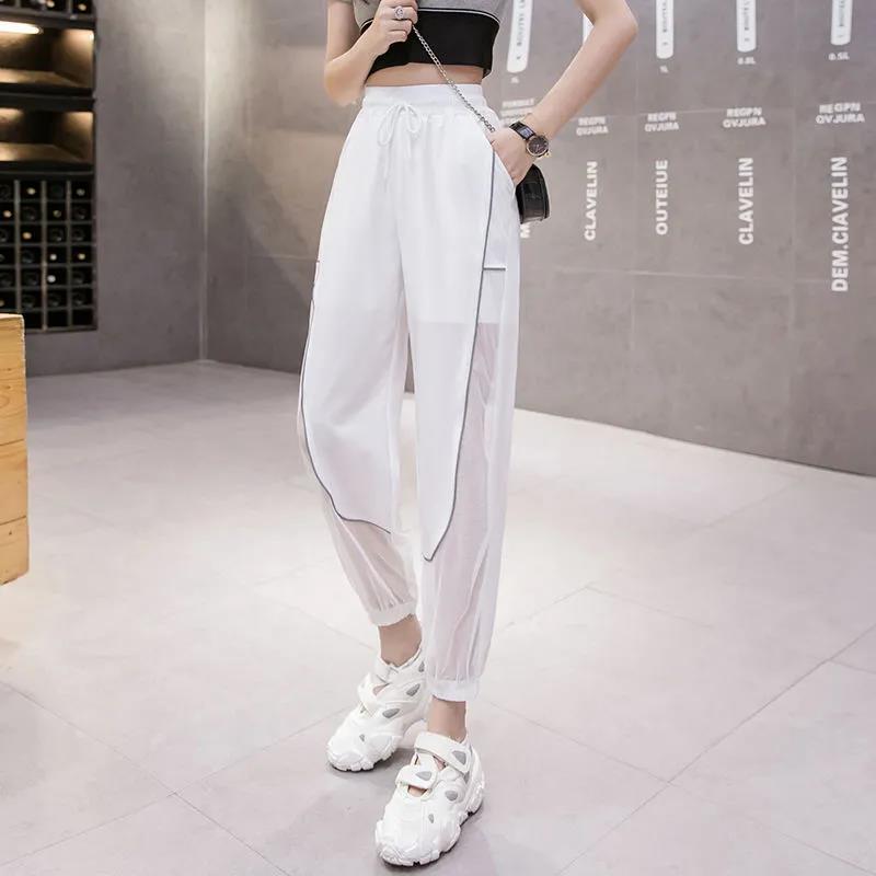 Women Summer Ice Silk Quick Drying Sports Cropped Pants Large Size Loose Hollow Out Thin Casual Jogger Pants