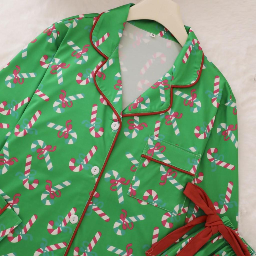 Женский пижамный комплект с рождественским принтом - С длинным рукавом, Длинные брюки, Отложной воротник, Стиль кардигана для всех сезонов