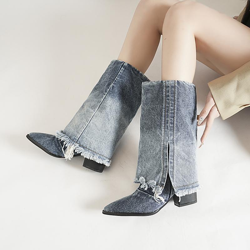 Autumn Denim Pleated Fringed Pointed High Heels Western Boots Low Tube Thin Trouser Tube Boots Short Boots Women