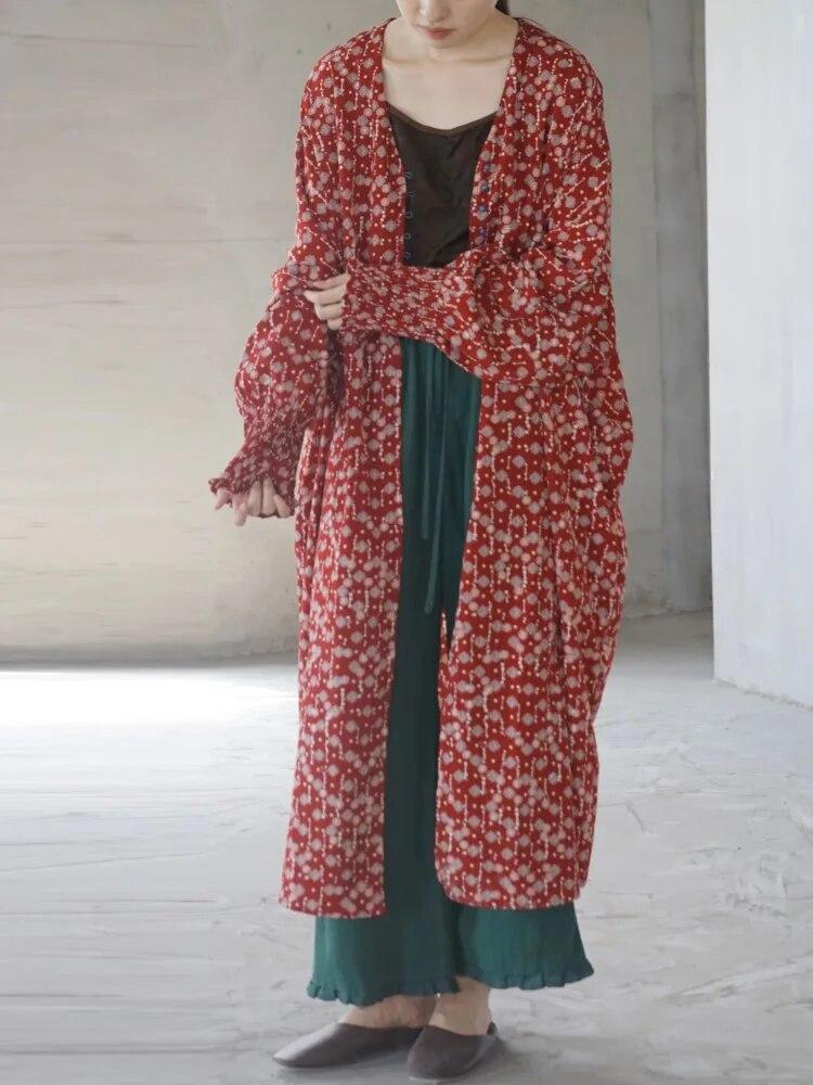 Johnature Женское красное платье с цветочным принтом и рукавами «летучая мышь», винтажные хлопковые длинные халаты, осенние свободные женские длинные платья на пуговицах