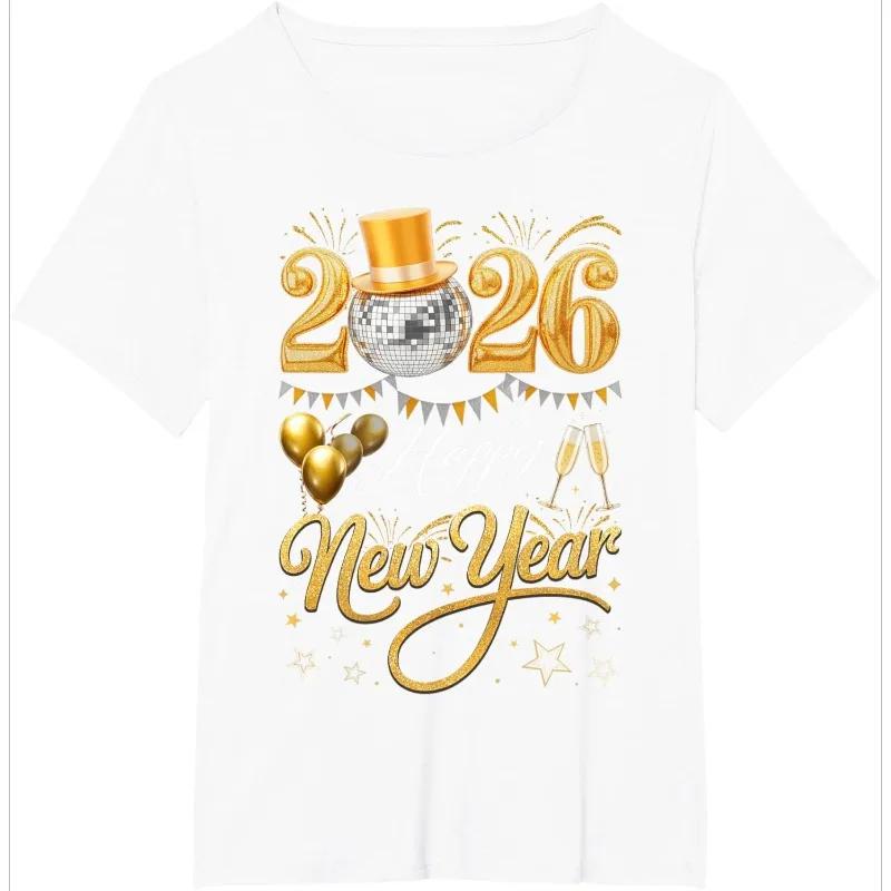 New Black 2026 New Year T-Shirt Gold Disco Ball Hat Champagne Glasses Letter Print Women's Short-Sleeved Loose-Fit Crew Neck Top