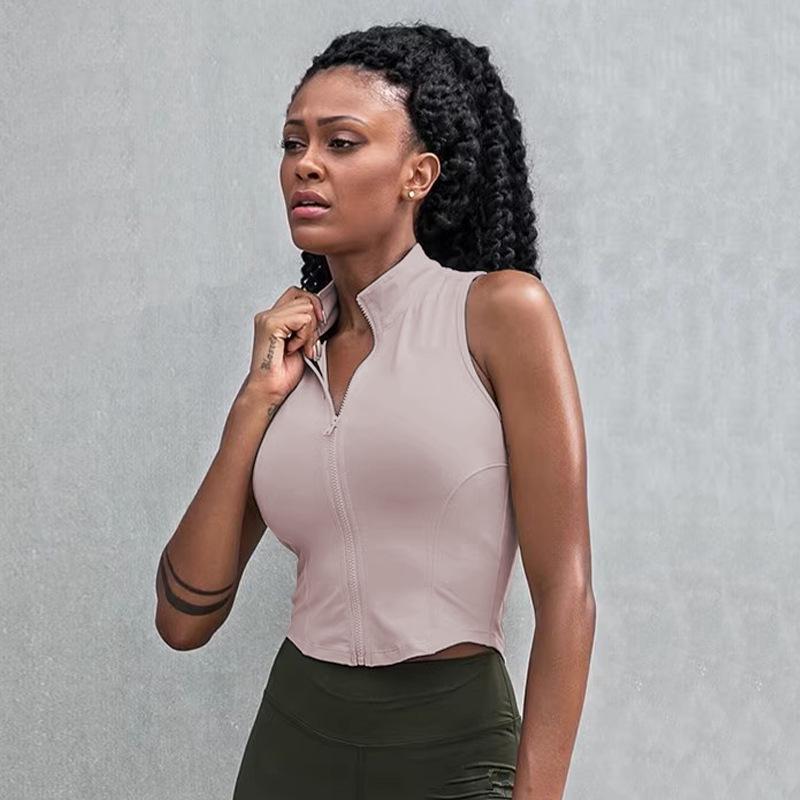 Женский жилет для йоги без рукавов на молнии в европейском и американском стиле — модный воротник-стойка для бега, фитнеса, танцев и других видов спорта.