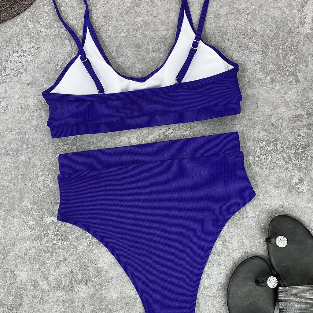 Women Swimsuits Push Up Bikini Ribbed High Waist Bikinis Set Solid Swimming Suits Female Swimwear Bathing Suit Beachwear