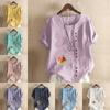 Women's Fashion Round Neck Short Sleeve T-shirt Casual Cotton Linen Graphic Shirt Leisure Loose Flowers Prined Summer Blouse Tops