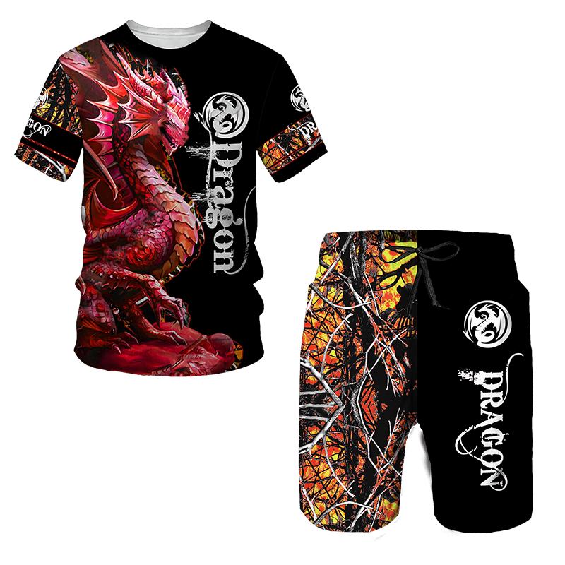 Мужские комплекты футболок с 3D принтом дракона, летние повседневные футболки с круглым вырезом, шорты, комплект из двух предметов, трендовая мужская одежда, пуловер