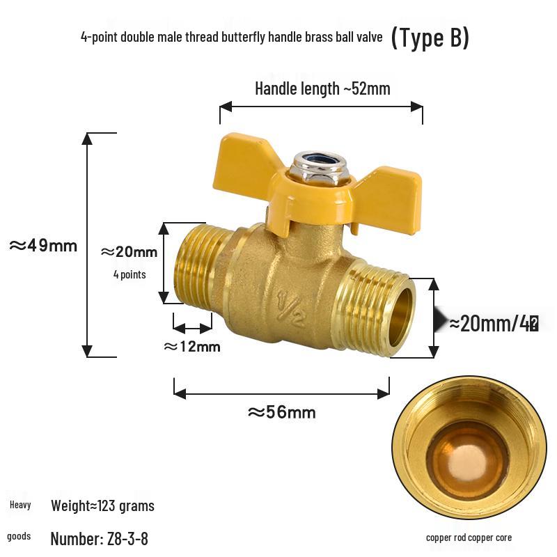 Brass Ball Valve with Copper Core: Male/Female, Double Female, 1/2", 3/4", 1" Sizes, for Water and Gas Pipes.