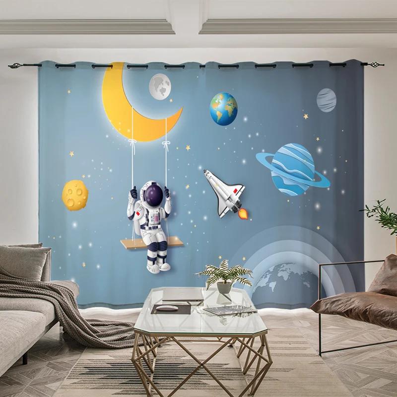Outer Space Astronaut Style High Blackout Drapes Whale Planet Sci-Fi Indoor Shading Drape Children Bedroom Space Curtain Contemporary Design