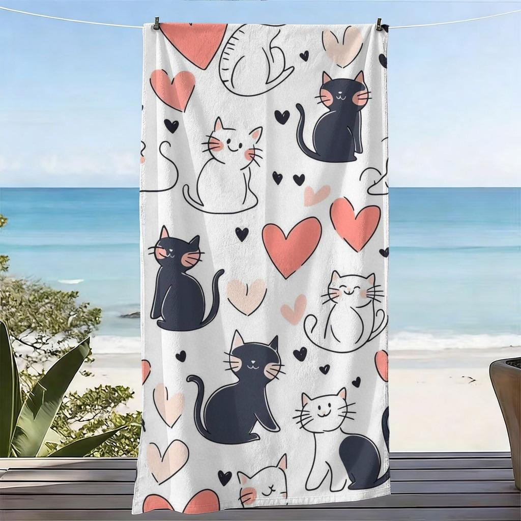 Милое Полотенце для Пляжа с Принтом Кошки и Сердечек Kawaii Полотенце из Микрофибры для Любителей Кошек, для Лета, Пляжа, Бассейна и Путешествий