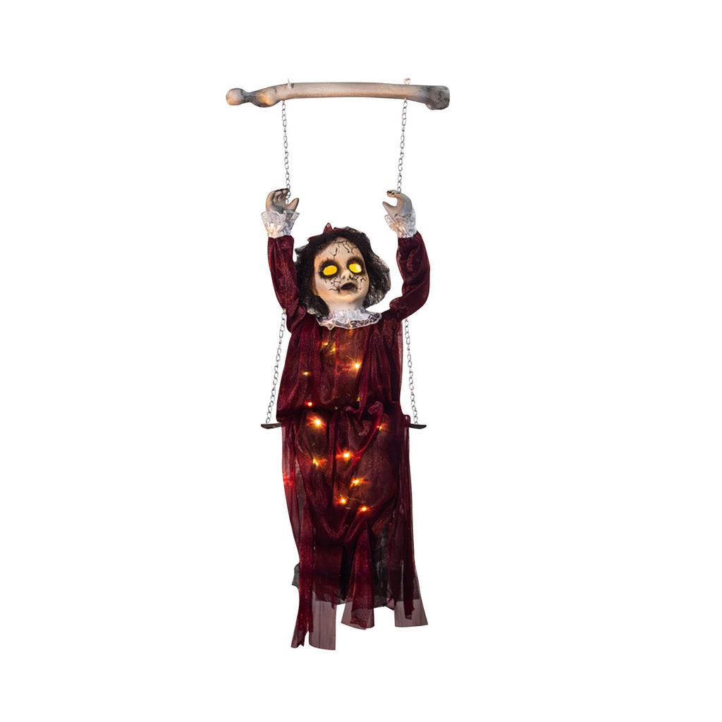 Wine Red Swing Girl Halloween Hanging Swing Chain Hanging Voice-controlled Luminous Haunted House Horror Decoration Pendant Props