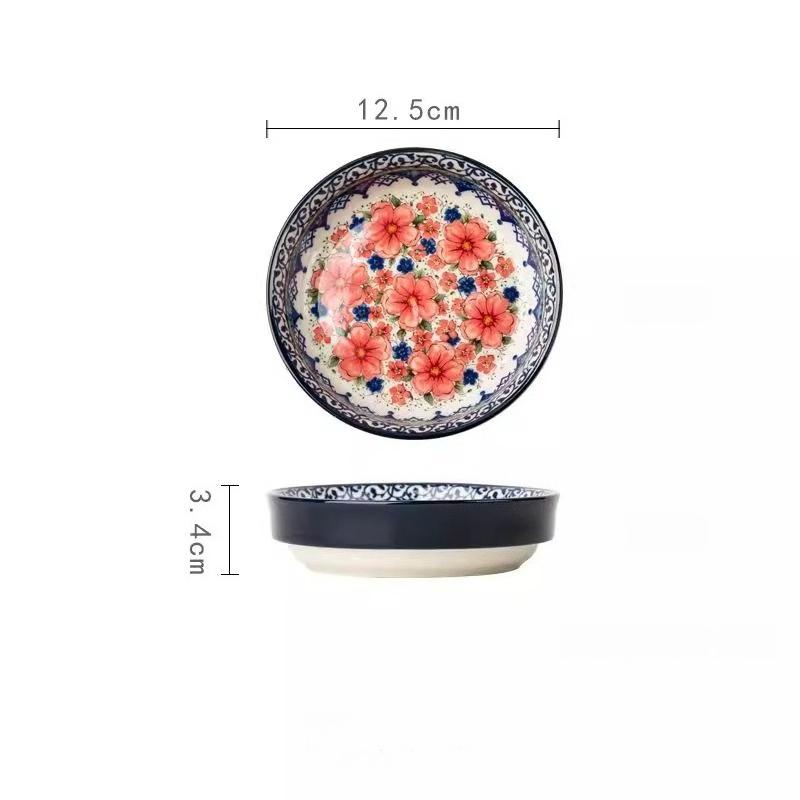 Расписанная вручную керамическая суповая миска с подносом для закусок, винтажный цветочный рельефный дизайн, можно использовать в микроволновой печи, большая ручка и толстое дно, идеально подходит для хлопьев, орехов