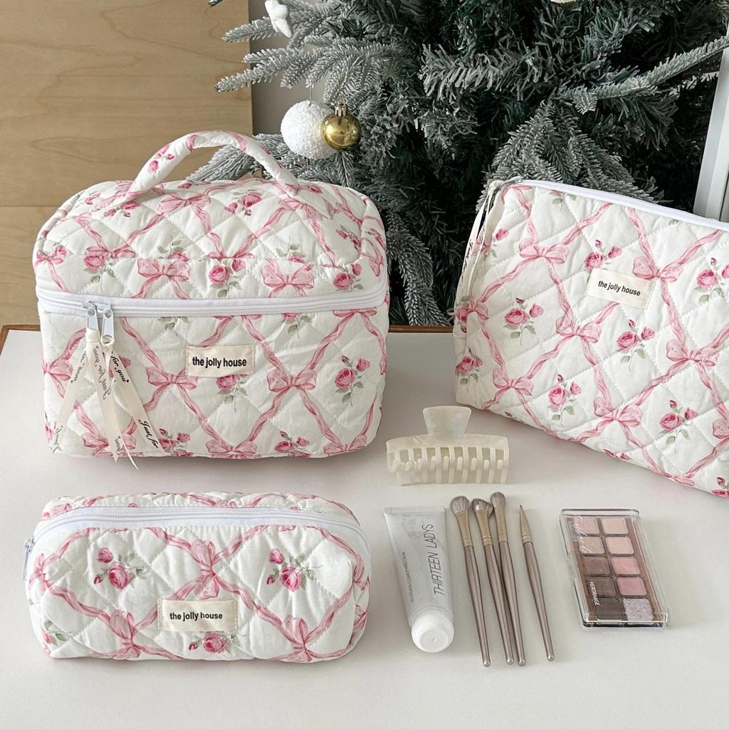 Girly Plaid Bow Makeup Bag - Large Capacity & Portable Handbag for Skincare Storage