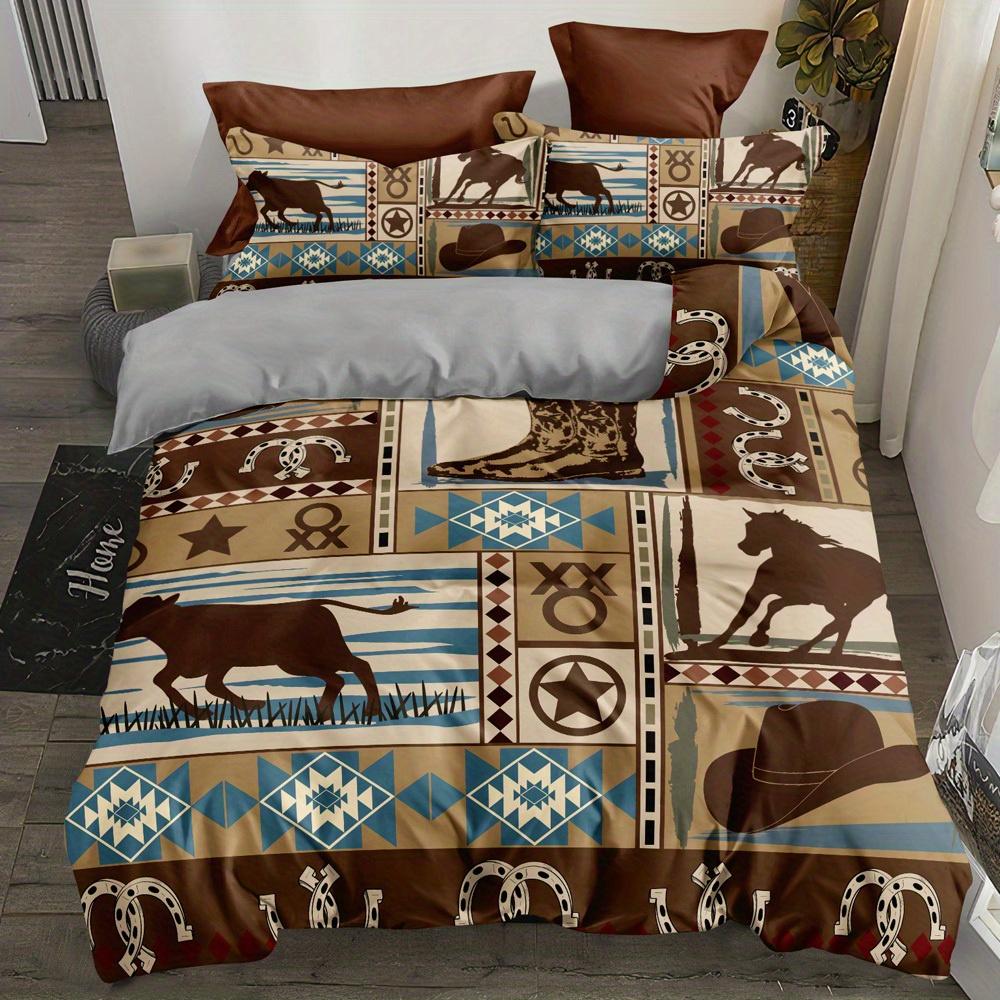 [Western Cowboy Duvet Cover] 3Pcs Western Cowboy Knight Duvet Cover Set - Fill-Free, Zippered, Machine Washable Polyester