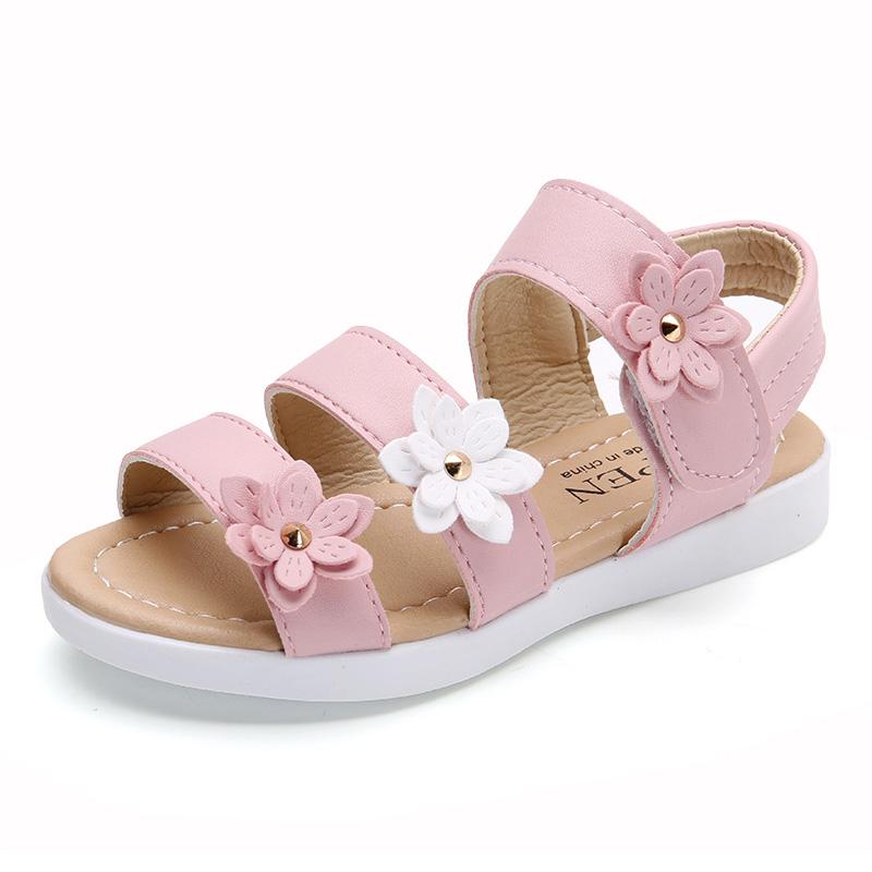 Летние пляжные сандалии на плоской подошве для девочек с ремешками и цветами, детская обувь для малышей
