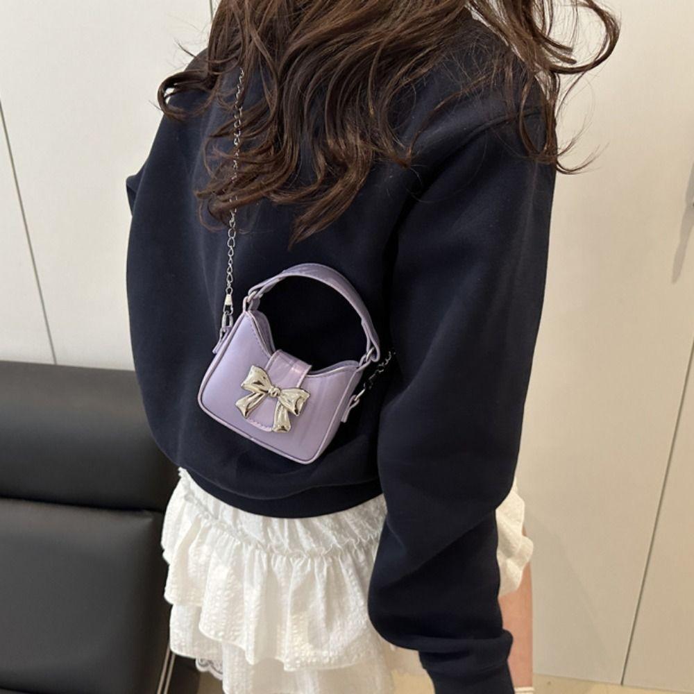 Сумка из искусственной кожи с бантом и пряжкой, мини-женская сумка через плечо, модная серебристая сумка-ведро, косметичка