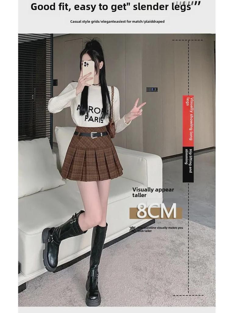 Korean Plaid Woolen Pleated Skirt: Autumn/Winter High-Waist College Style
