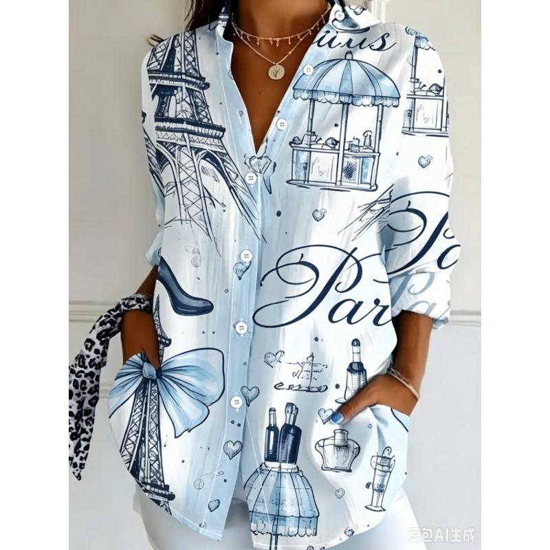Women's Long Sleeve Button Down Shirt Paris Eiffel Tower Print Casual Loose Blouse Tops, Multiple Colors Available