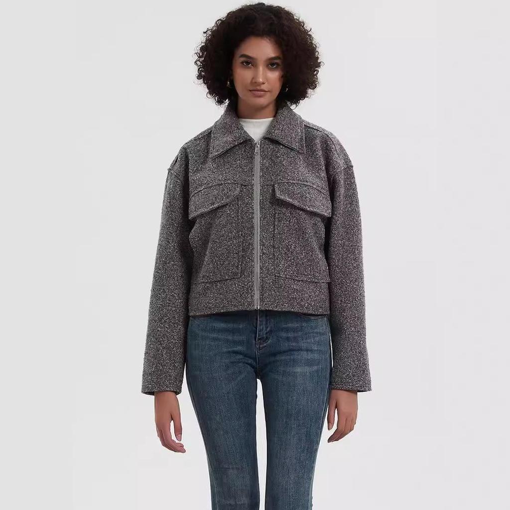 Женское пальто из серой шерсти в европейском и американском стиле с отложным воротником, большими карманами, для осени и зимы