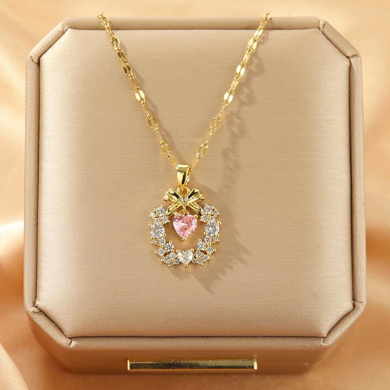 Women's Japanese and Korean Christmas Bow Wreath Necklace with Pink Diamond Heart on Titanium Steel Chain