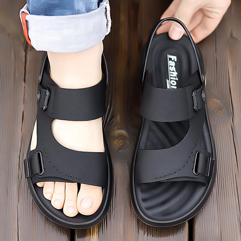 Мужские сандалии 2025 лето новые коровья кожа дышащие для улицы нескользящие пляжные туфли повседневные крутые шлепанцы тренд 2025
