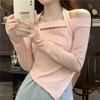 WTEMPO Korean Style Solid Slash Neck Tops Girl's Irregular Long Sleeve Hollow Out Halter Slim Shirts Streetwear