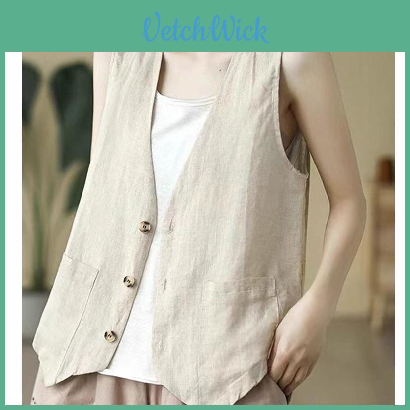 Women Loose Fit Short Linen Vest With Button Detail And V Neck Summer Casual Wear