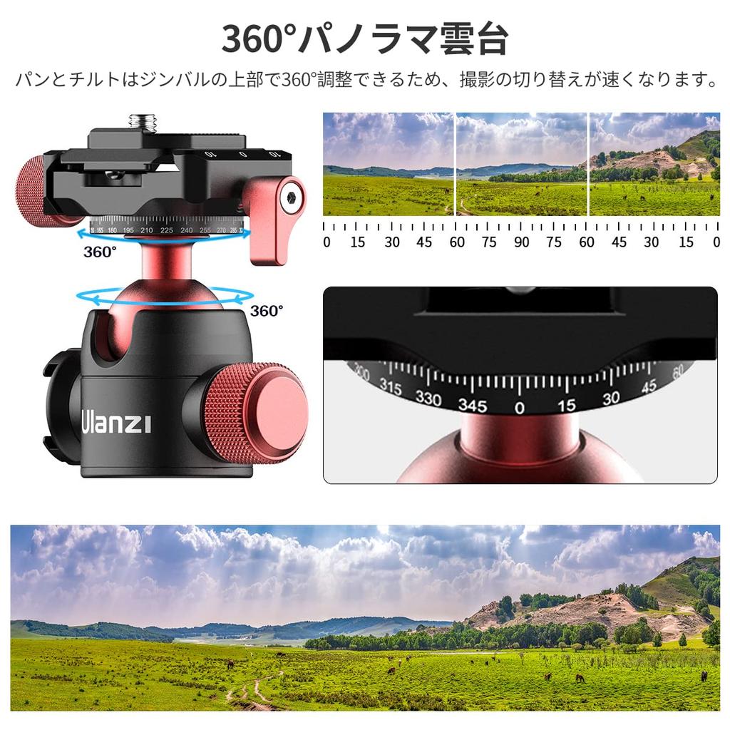 Ulanzi Шаровая головка с горячим башмаком и крепежными винтами U-70 Кронштейн Arca-Swiss, Вращение 360°, Алюминий, Площадка Arca-Swiss, 1/4" 3/8"