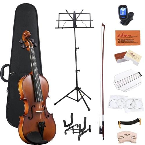 ADM Full-Size 4/4 Matte Violin Beginner's Set, Includes Case, Violin Stand, Music Stand, Bow, Shoulder Rest, Tuner, Fingerboard Stickers, Rosin, Matte