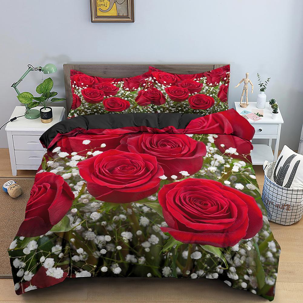 Rose Duvet Cover Set 3D Print Red Flower Comforter Cover Romantic Theme Love Element for Girls Women Kid Polyester Bedding Set