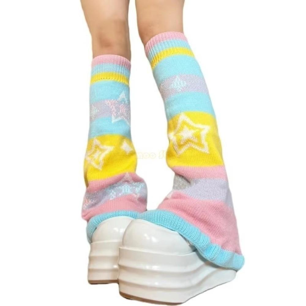 1 pair Candy Color Leg Warmers Jacquard Star Pattern Long Socks Sweet Knitted Socks Women Girls