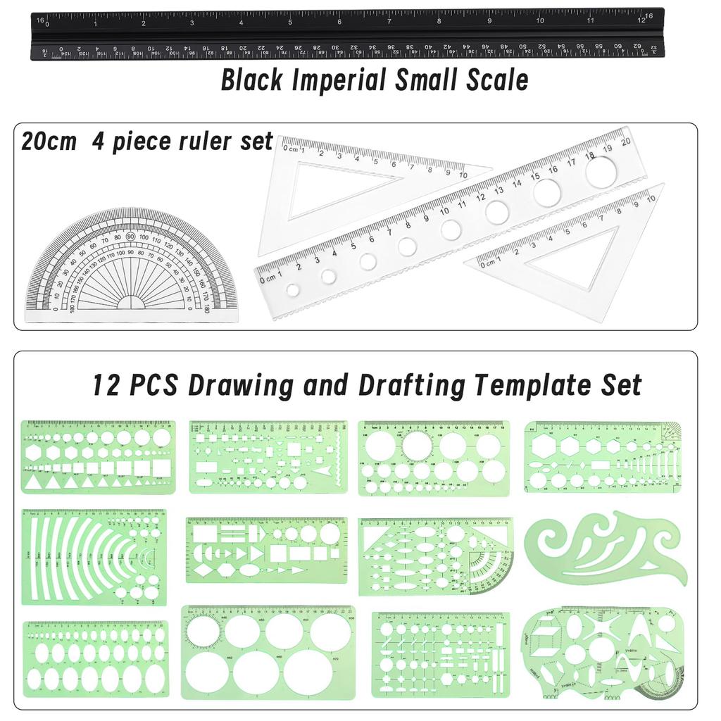 Fenrry 18Pcs Ruler Set Geometric Templates Drawing Tool with Bag Circle Stencils for Architect Scale Measuring Drafting