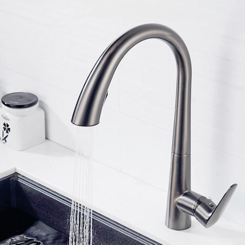 Смеситель для кухонной мойки пистолет серый скрытый выдвижной кран для горячей и холодной воды из латуни, нержавеющая сталь