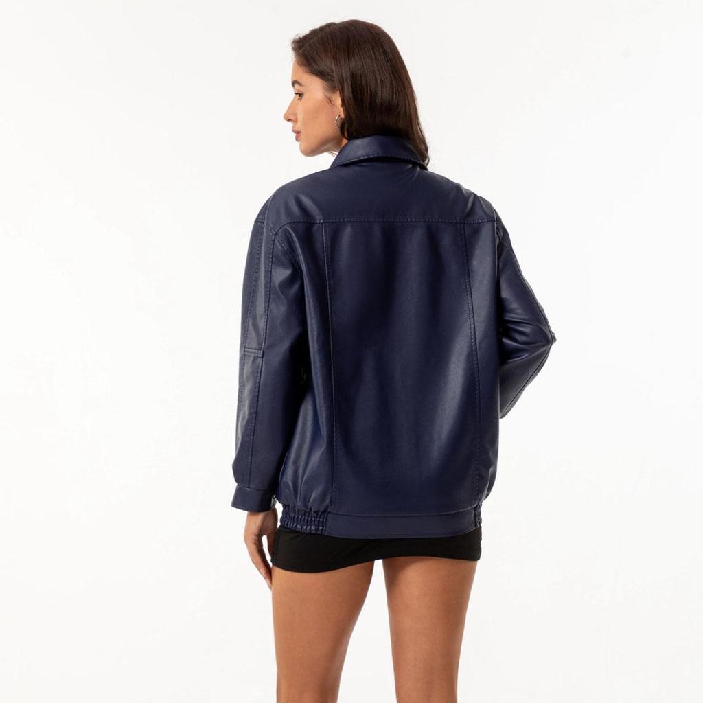 Осень-зима Женская приталенная куртка из искусственной кожи с воротником-лацканами и длинным рукавом на молнии