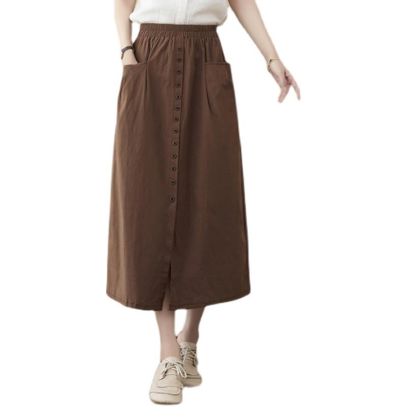 Plus Size Spring Summer Women Midi A-Line Skirt High Waist Black Khaki Coffee Buttons Skirt With Pockets Cotton Linen Simple Skirt